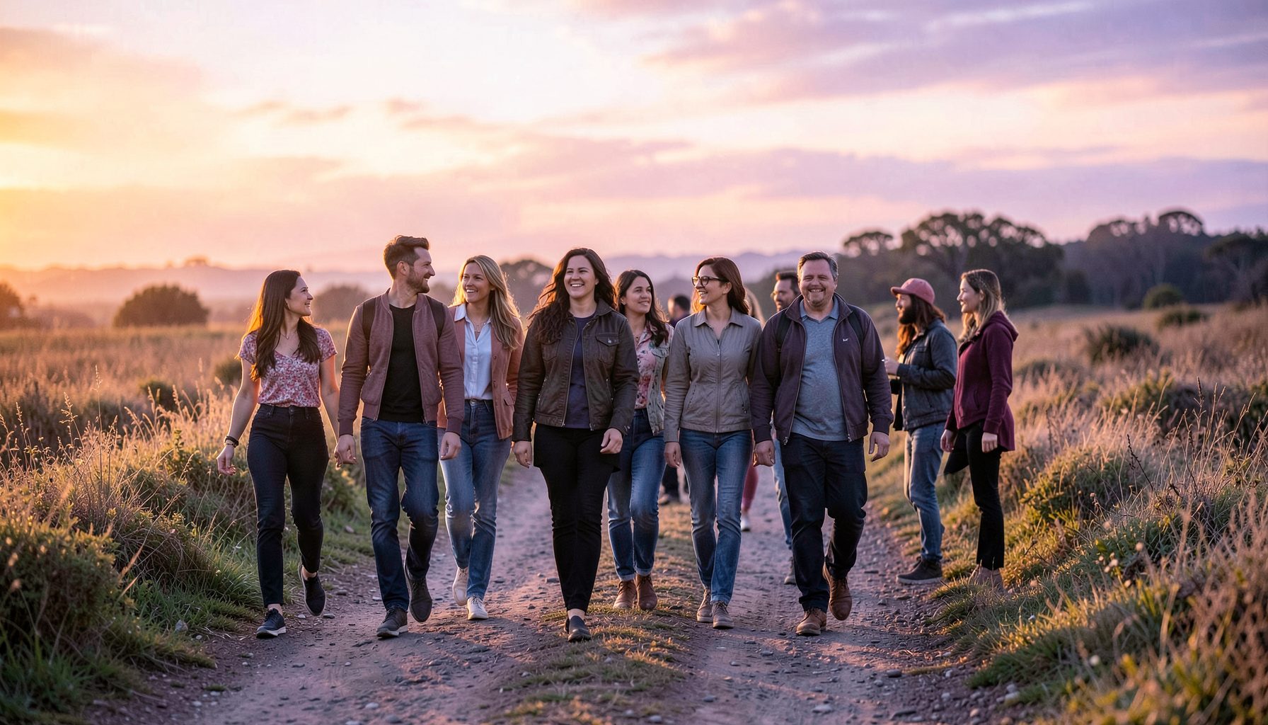 Un grupo diverso de personas caminando juntas al atardecer por un sendero rural, con tonos cálidos dorados y violetas suaves, atmósfera de unión y serenidad.