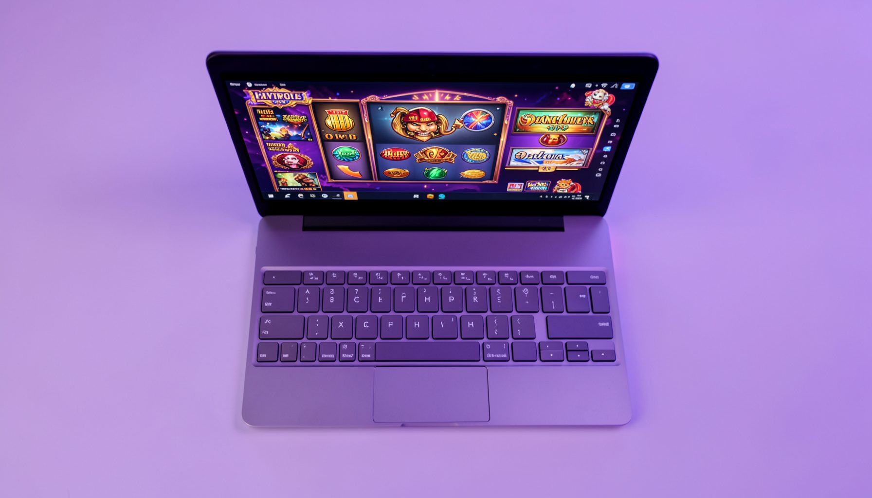 Vista cenital de teclado y pantalla con gráficos de slots e iluminación lavanda